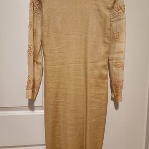 Chic Tan Long Sleeve Dress with Embroidered Details